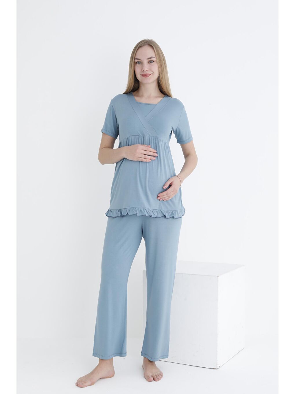 Petrol Yeşili Sabahlıklı Fırfır Detaylı Kısa Kol Emzirmeye Uygun Hamile ve Lohusa Pijama Takımı-2