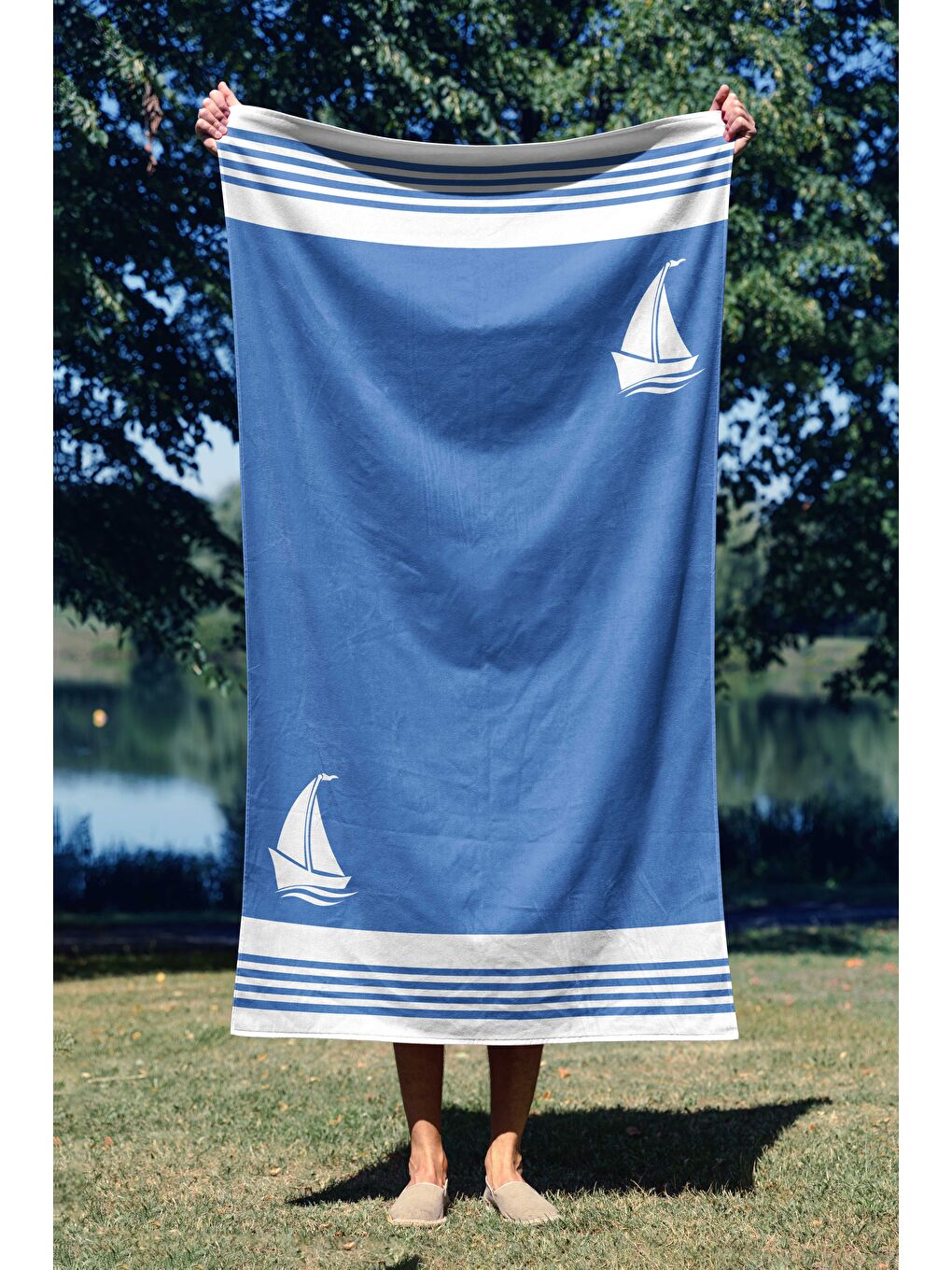 Mavi Gemi Desen Dijital Baskılı  Plaj Havlusu 75x150