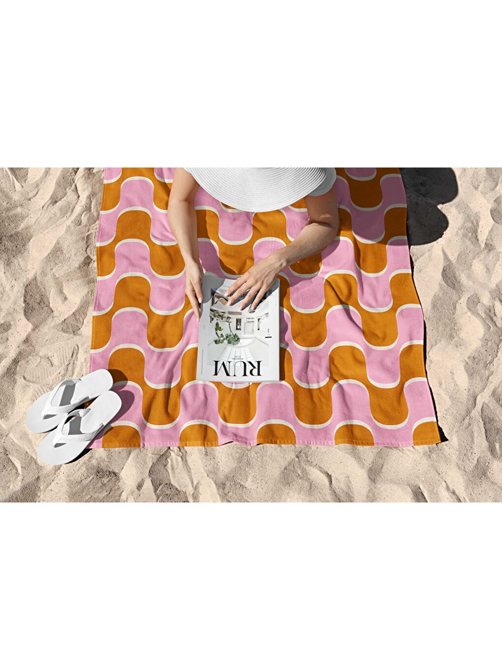 Pembe Retro Dalga Desen Dijital Baskılı  Plaj Havlusu 75x150-2