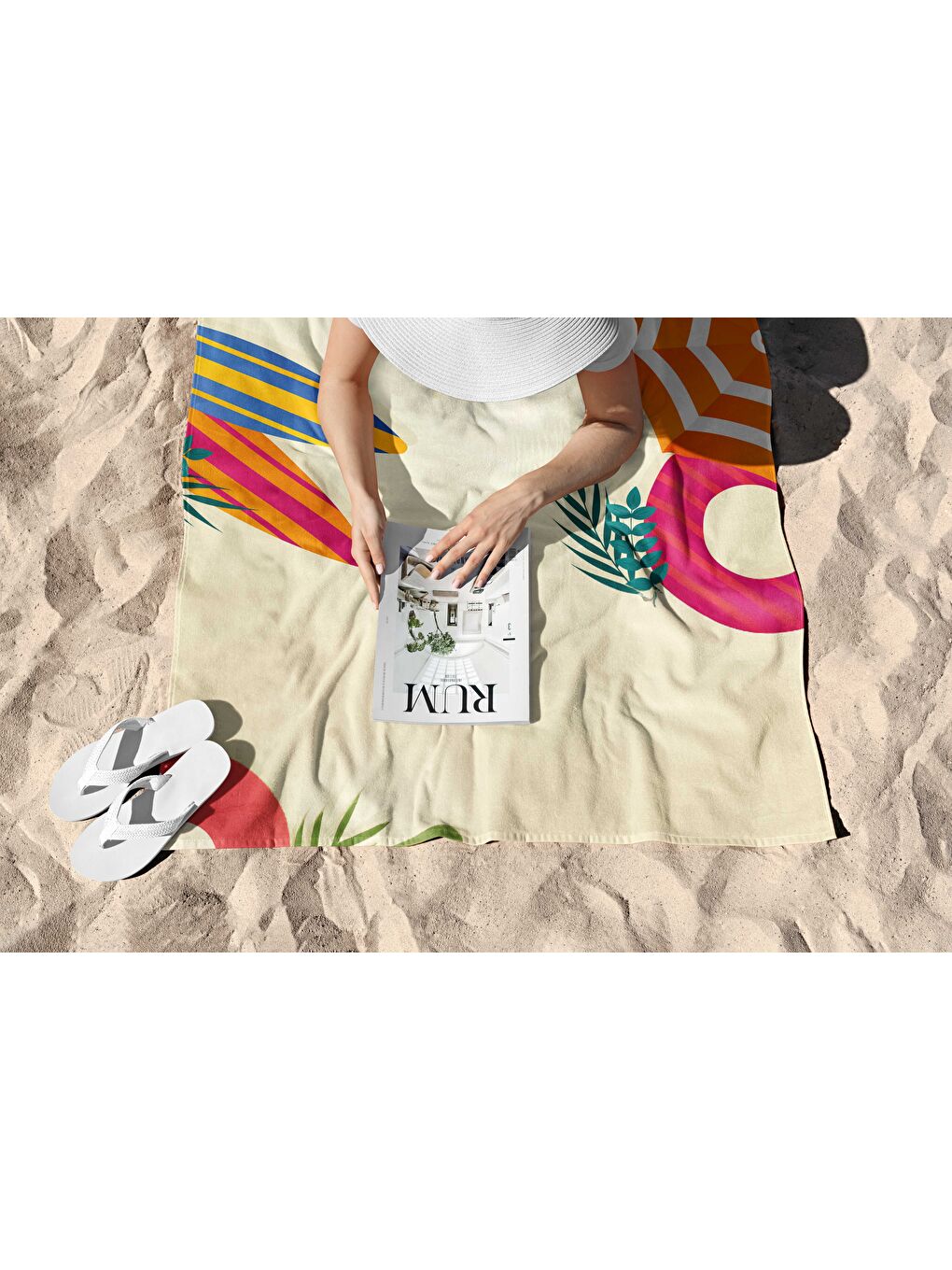 Ekru Yaz Desen Dijital Baskılı  Plaj Havlusu 75x150-2
