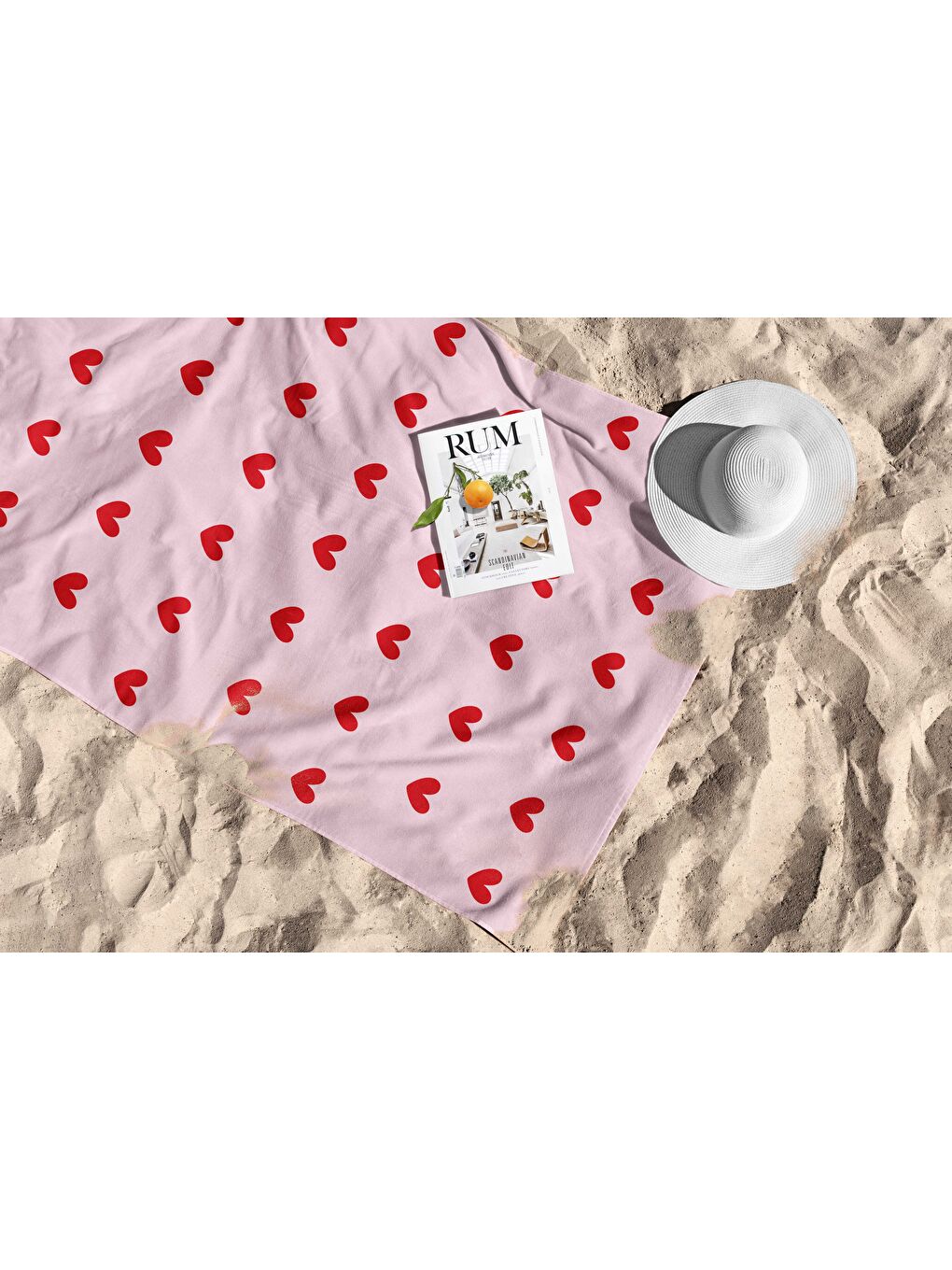 Pembe Zemin Kırmızı Kalp Desen Dijital Baskılı Plaj Havlusu 75x150-1