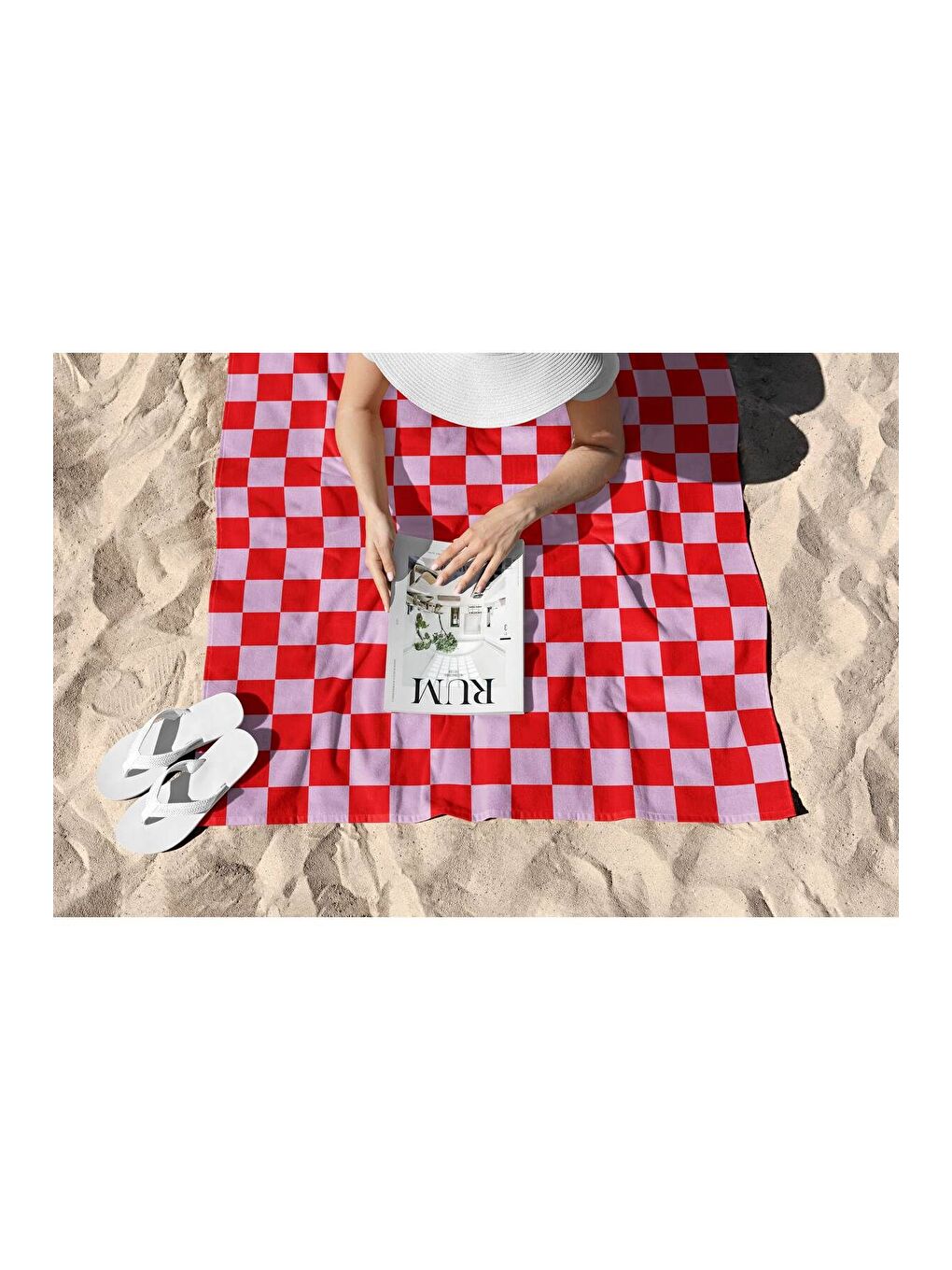 Kırmızı Pembe Kare Desen Dijital Baskılı Plaj Havlusu 75x150-1