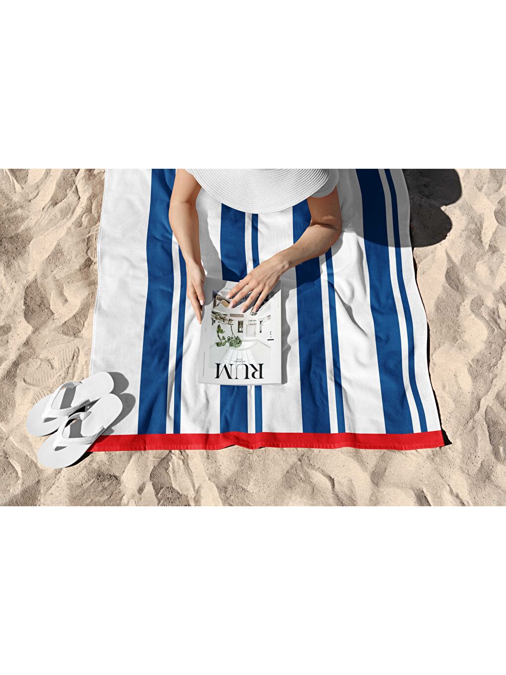 Lacivert Beyaz Çizgi Desen Dijital Baskılı  Plaj Havlusu 75x150-1