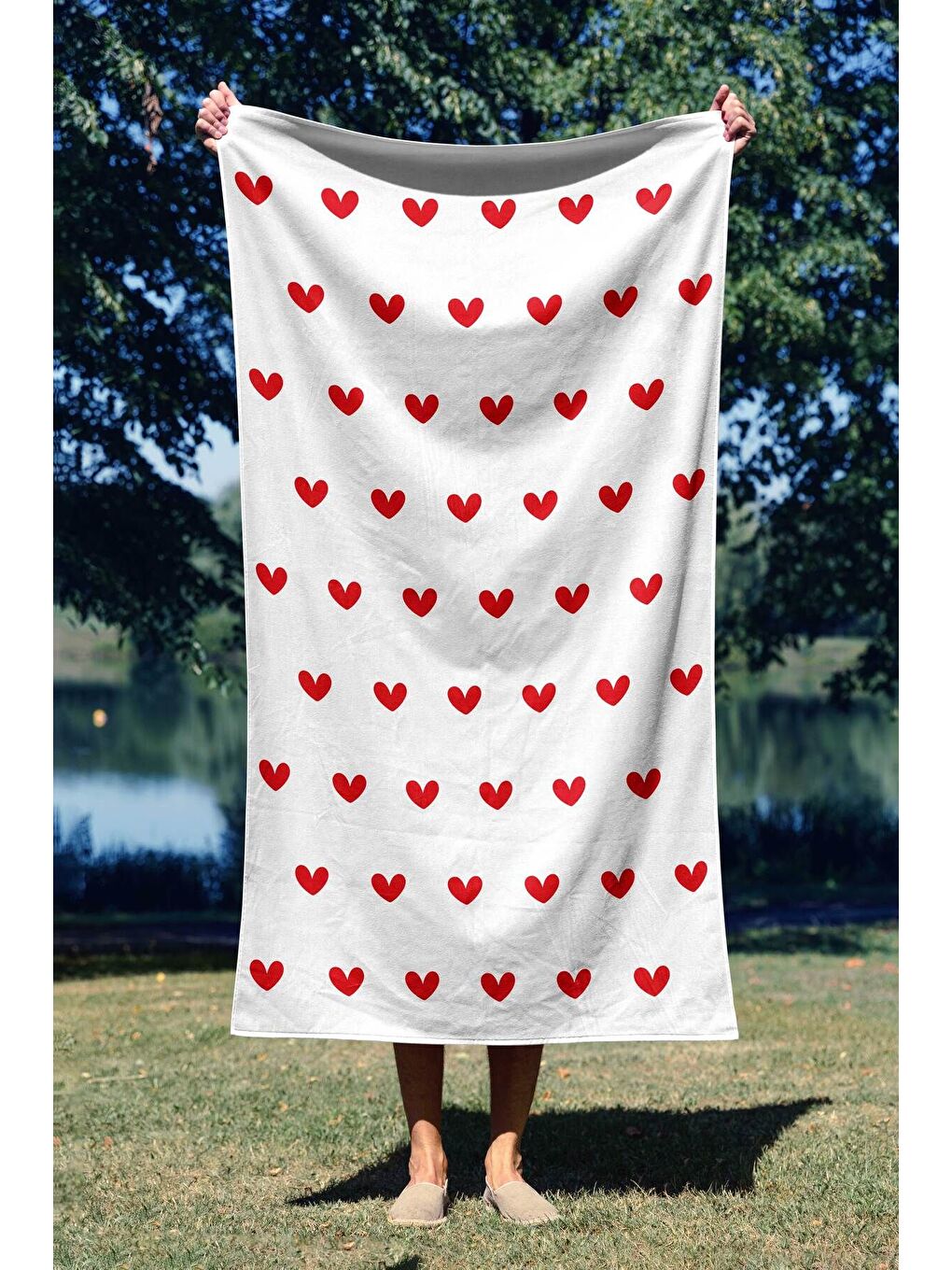 Beyaz Kalp Desen   Dijital Baskılı  Baskılı Plaj Havlusu 75x150-2