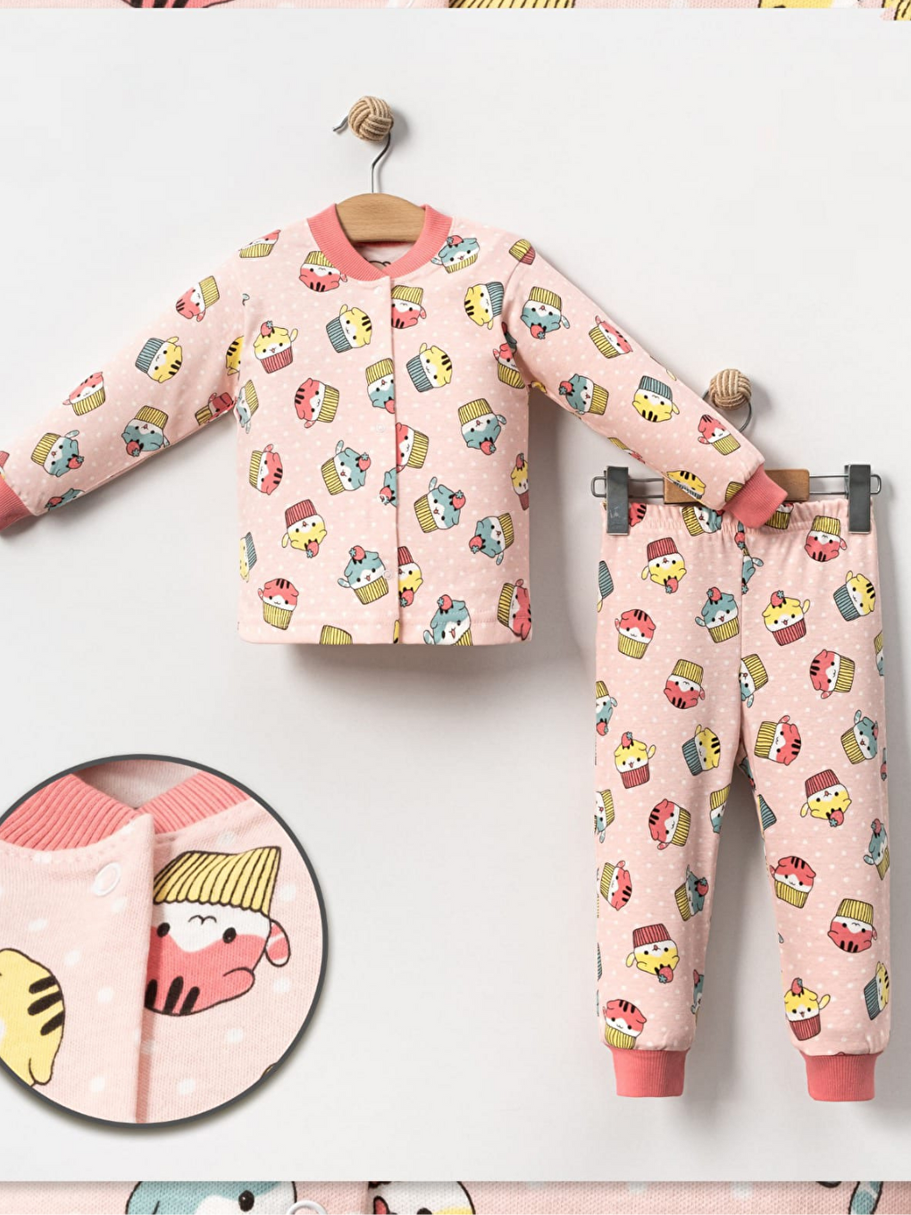 Pembe Kız Bebek Kedicik Baskılı Pamuklu 2'li Pijama Takımı-1