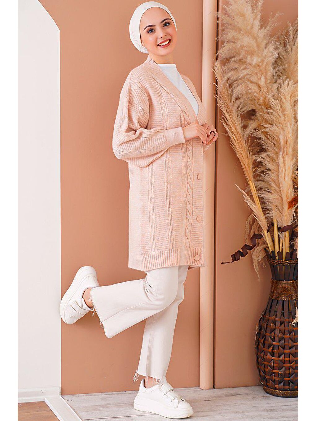 Bigdart Pembe 15768 Tesettür Triko Hırka - Pudra