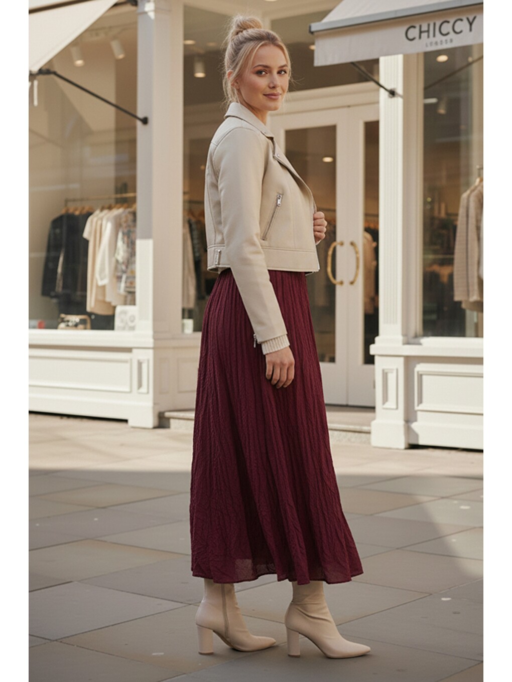 Bordo Lastikli Bel Casual Krinkıl Uzun Dokuma Etek 95 60-2