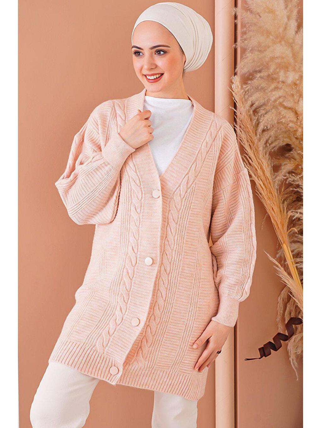 Bigdart Pembe 15768 Tesettür Triko Hırka - Pudra - 1