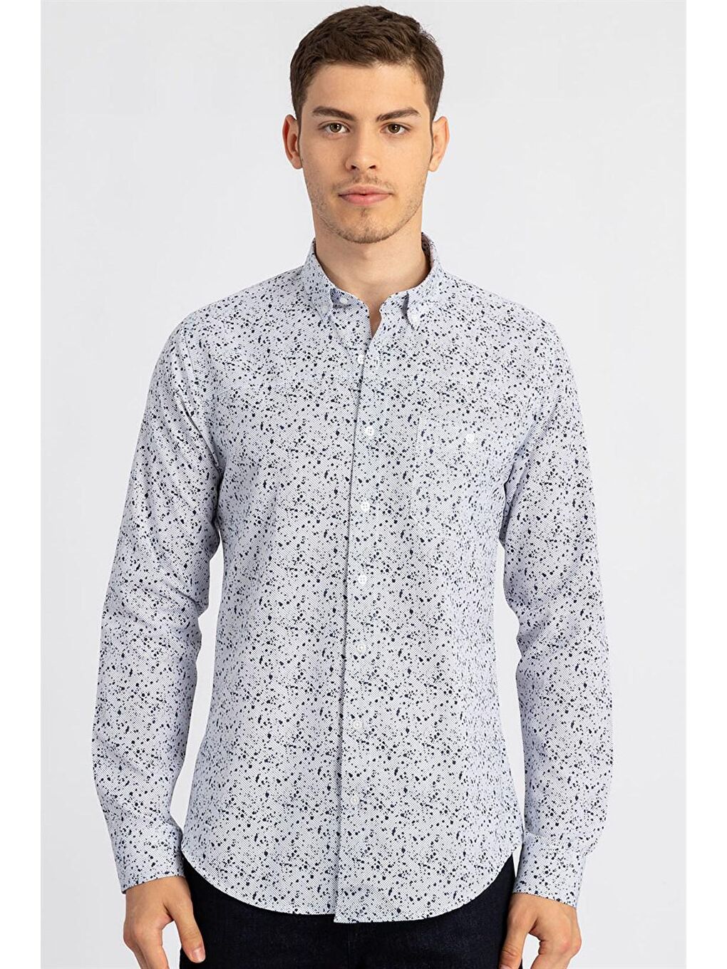Slim Fit Pamuklu Kolay Ütü Desenli Erkek Beyaz Gömlek-1