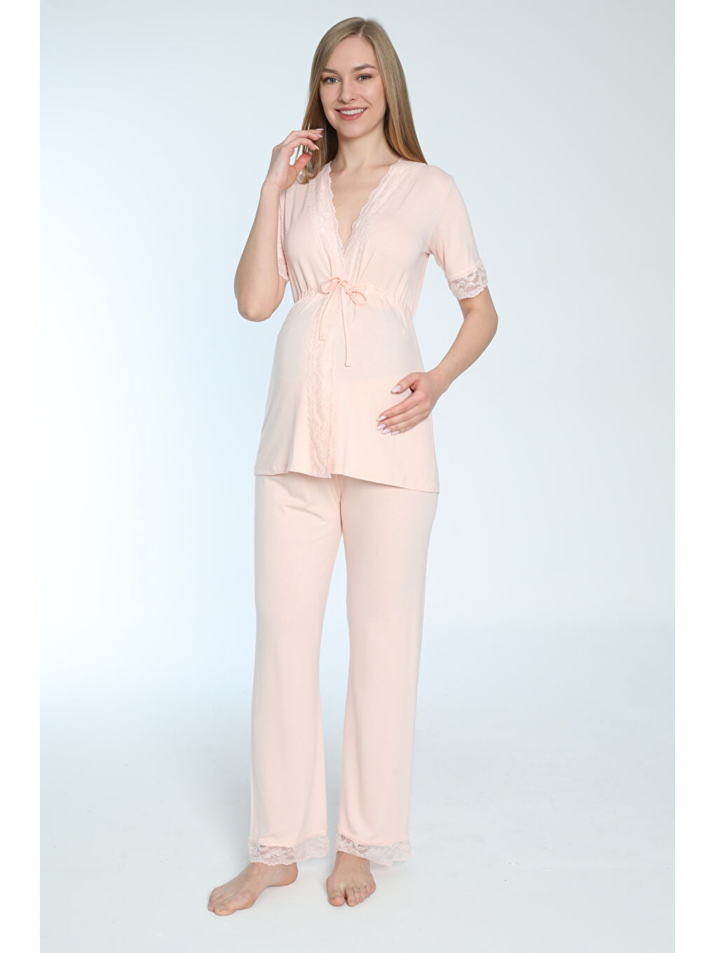 Pembe Somon Emzirmeye Uygun Önden Açılır Hamile Ve Lohusa Pijama Takımı-1