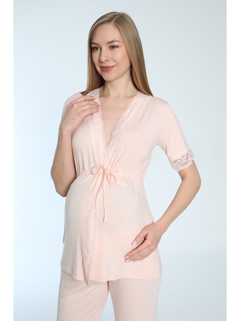 Pembe Somon Emzirmeye Uygun Önden Açılır Hamile Ve Lohusa Pijama Takımı-2