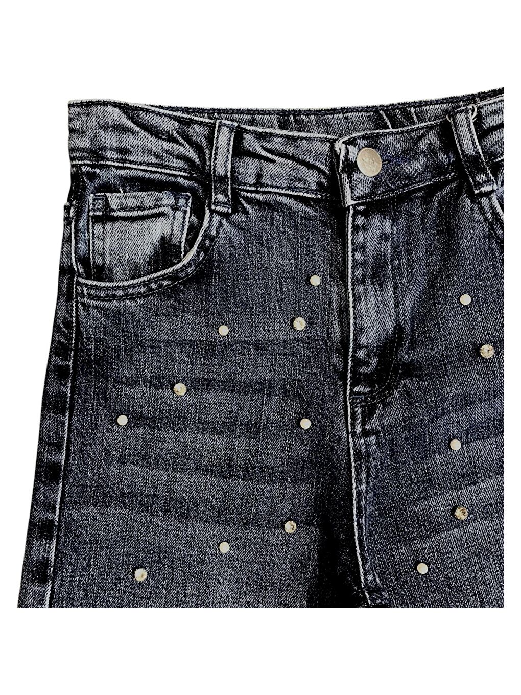 Lacivert Kız Çocuk İnci ve Taşlı Jean Pantolon-1