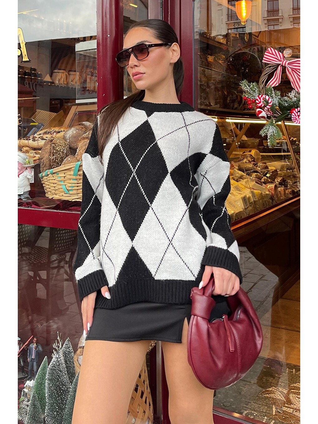 Beyaz Baklava Desen Kadın Triko Kazak Mg2190-1