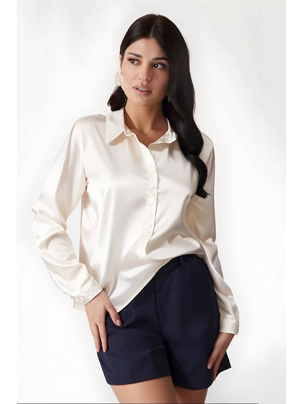 Ekru Kadın Krem Hafif Dökümlü Saten Yüzeyli Gömlek Hzl22w-bd139641