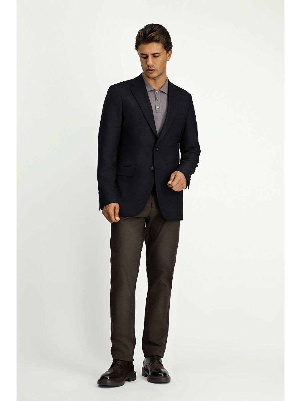 Gri Relaxed Fit Rahat Kesim Elastanlı Klasik Desenli Ceket-1