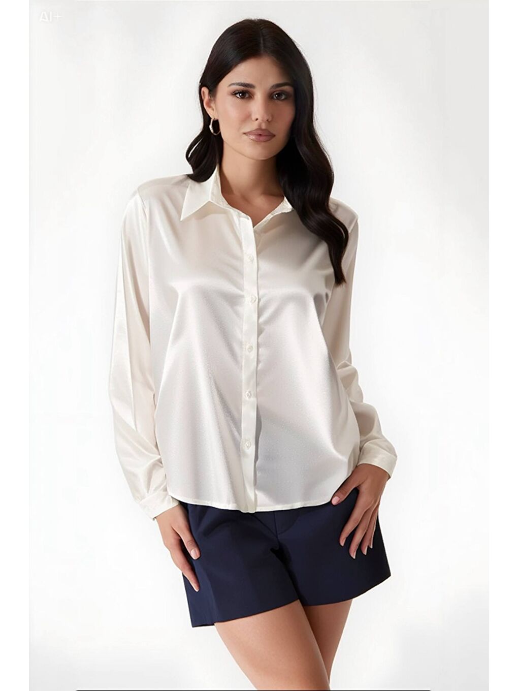 Ekru Kadın Krem Hafif Dökümlü Saten Yüzeyli Gömlek Hzl22w-bd139641-3
