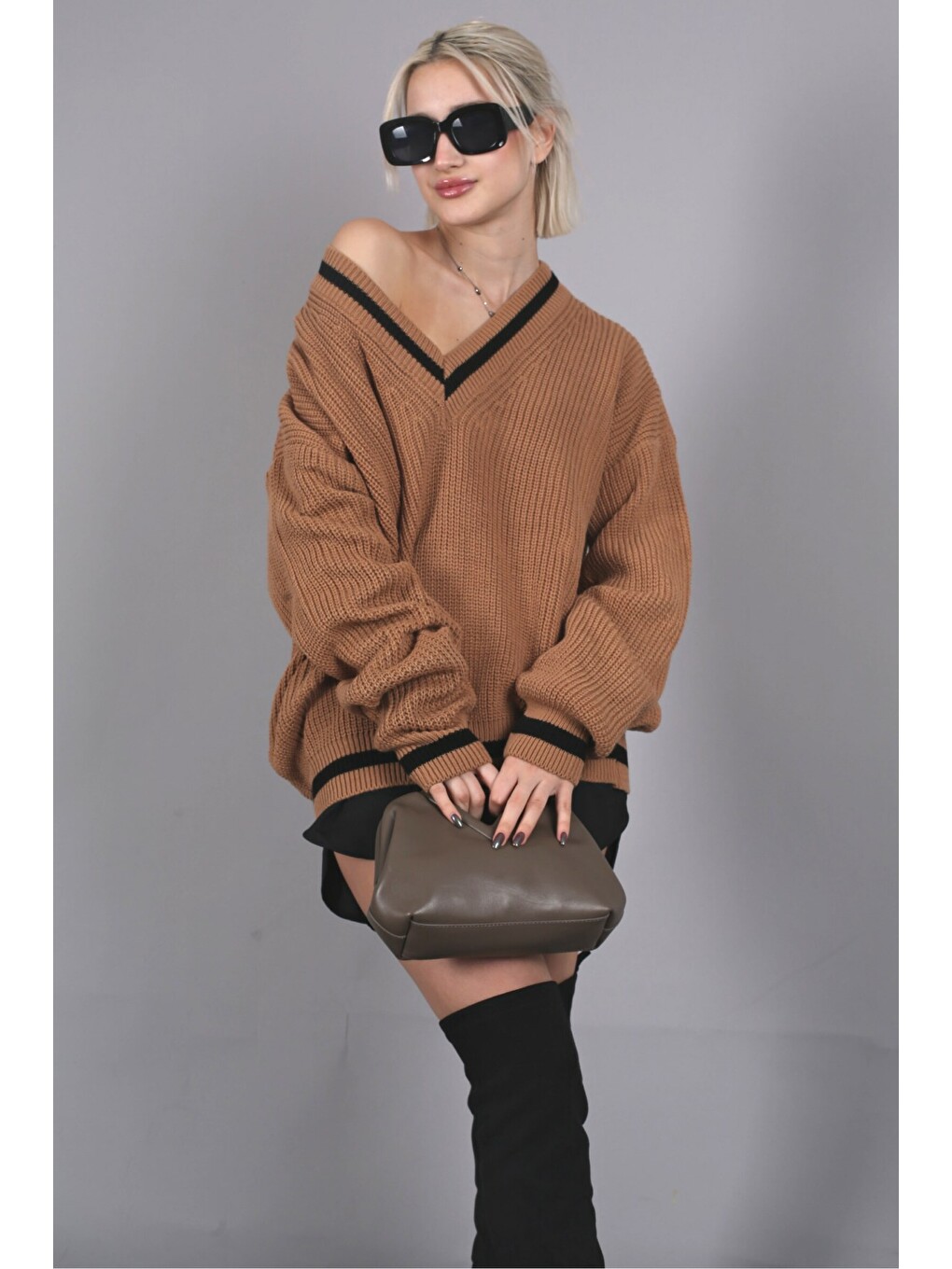 Bej Camel V Yaka Triko Kazak Mg1373-2