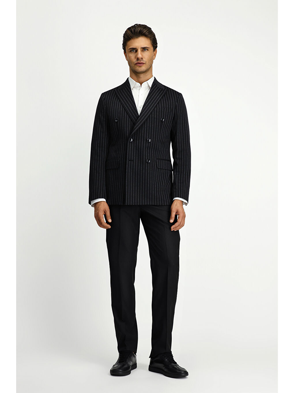 Siyah Regular Fit Çizgili Örme Kruvaze Ceket-1