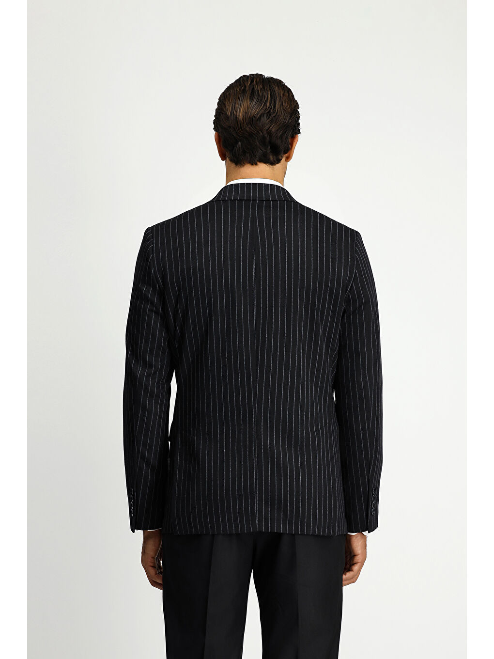 Siyah Regular Fit Çizgili Örme Kruvaze Ceket-4