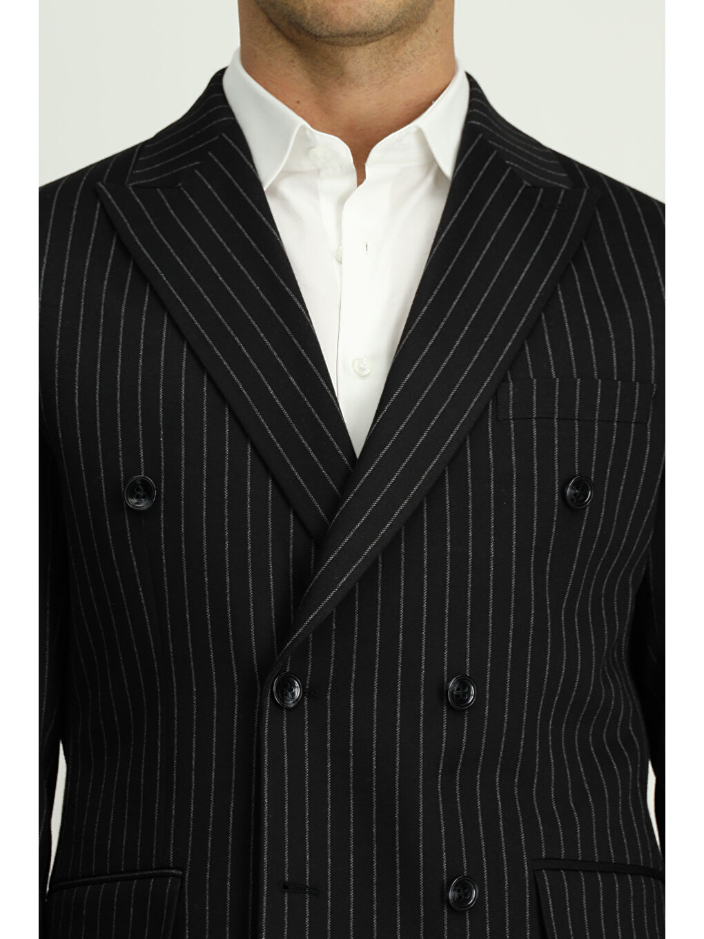 Siyah Regular Fit Çizgili Örme Kruvaze Ceket-5