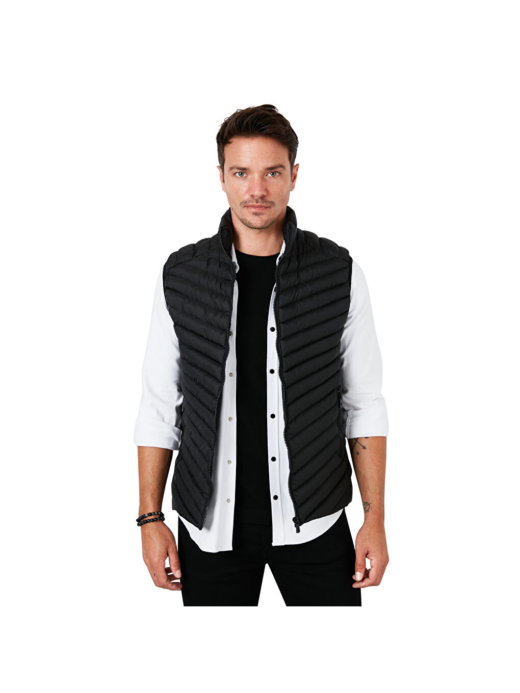 Siyah Fermuarlı Dik Yaka Kapitone Şişme Erkek Yelek 5852004-7