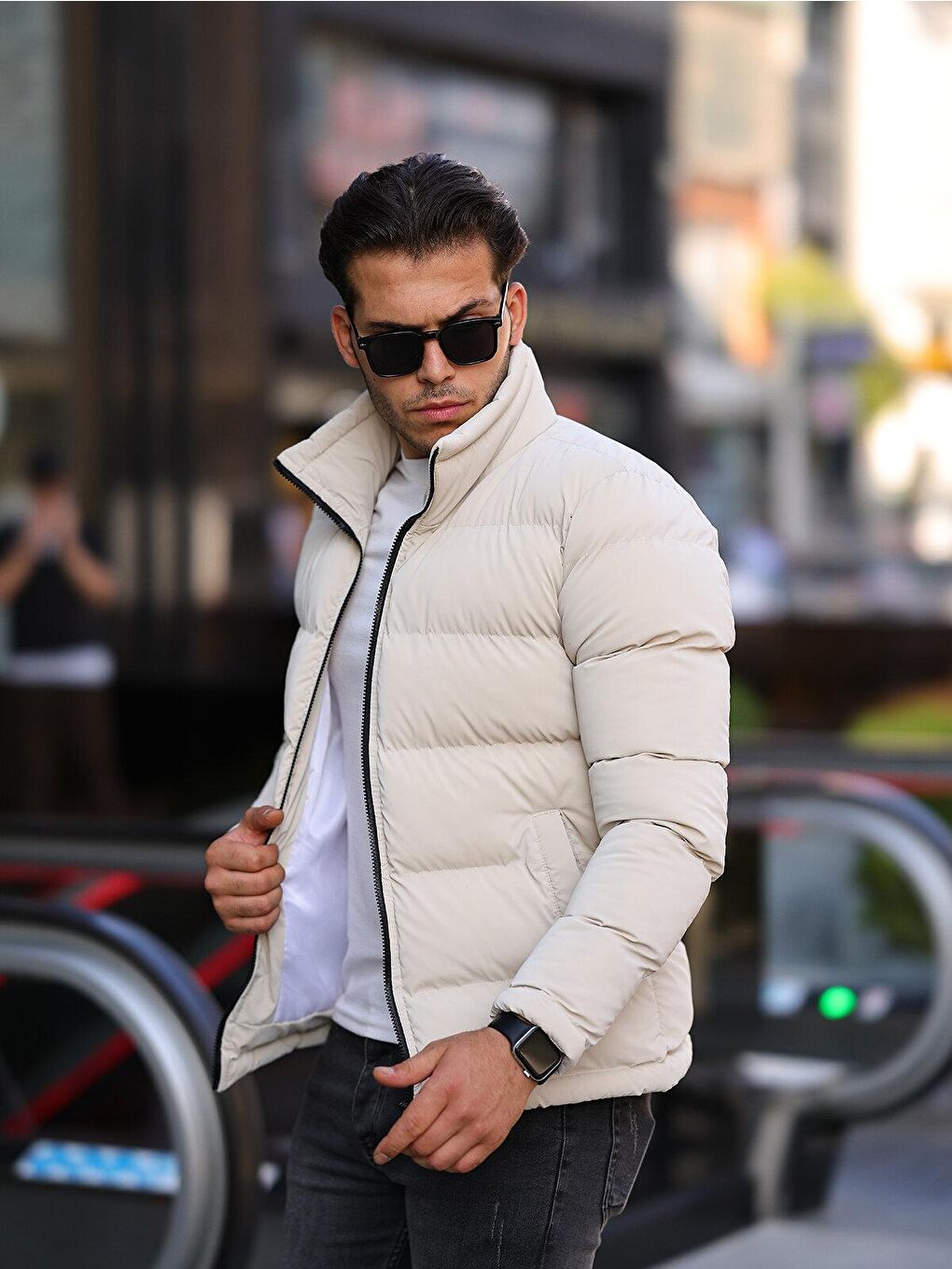 Ekru Krem Kapüşonsuz Su Geçirmez Erkek Mont-2