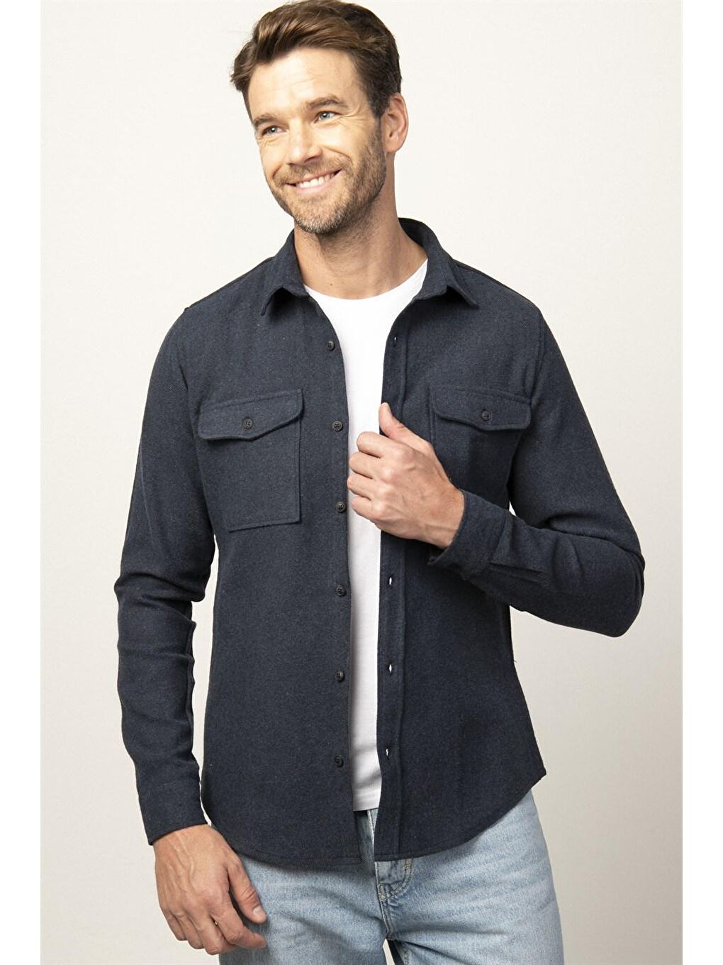 Slim Fit Kışlık Oduncu Çift Cep Kapaklı Erkek İndigo Gömlek