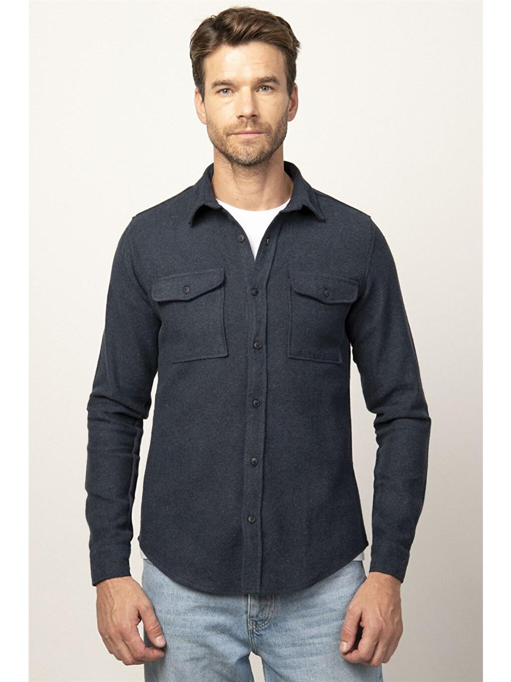 Slim Fit Kışlık Oduncu Çift Cep Kapaklı Erkek İndigo Gömlek-1
