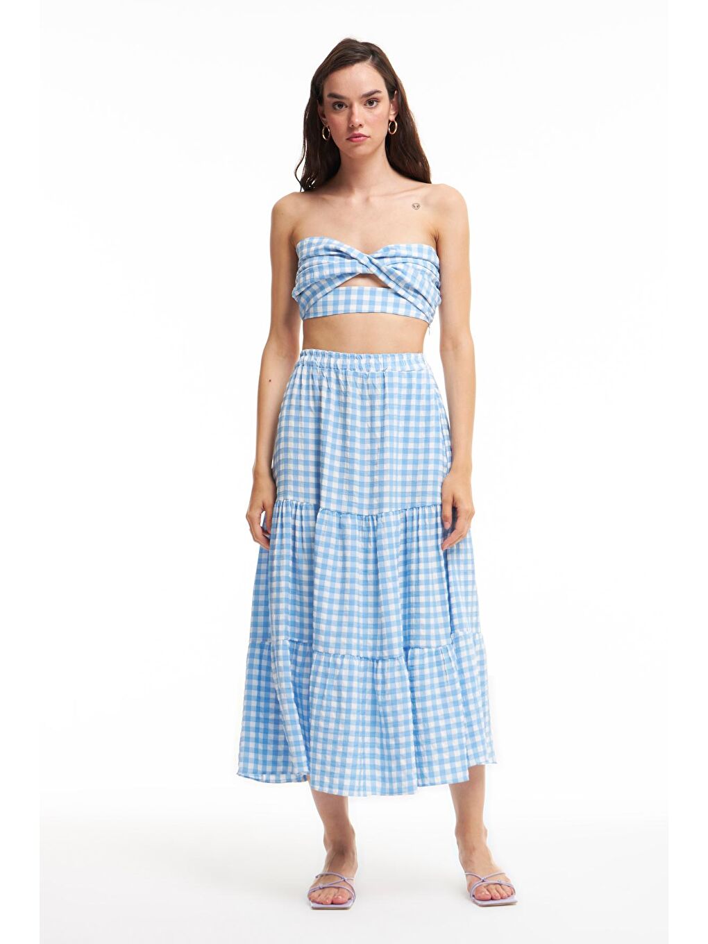 Ekoseli Düğüm Detaylı Crop Bluz Mavi-1