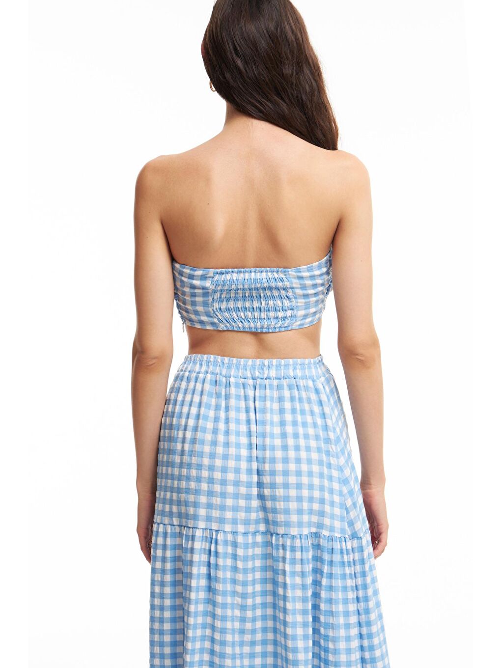 Ekoseli Düğüm Detaylı Crop Bluz Mavi-4