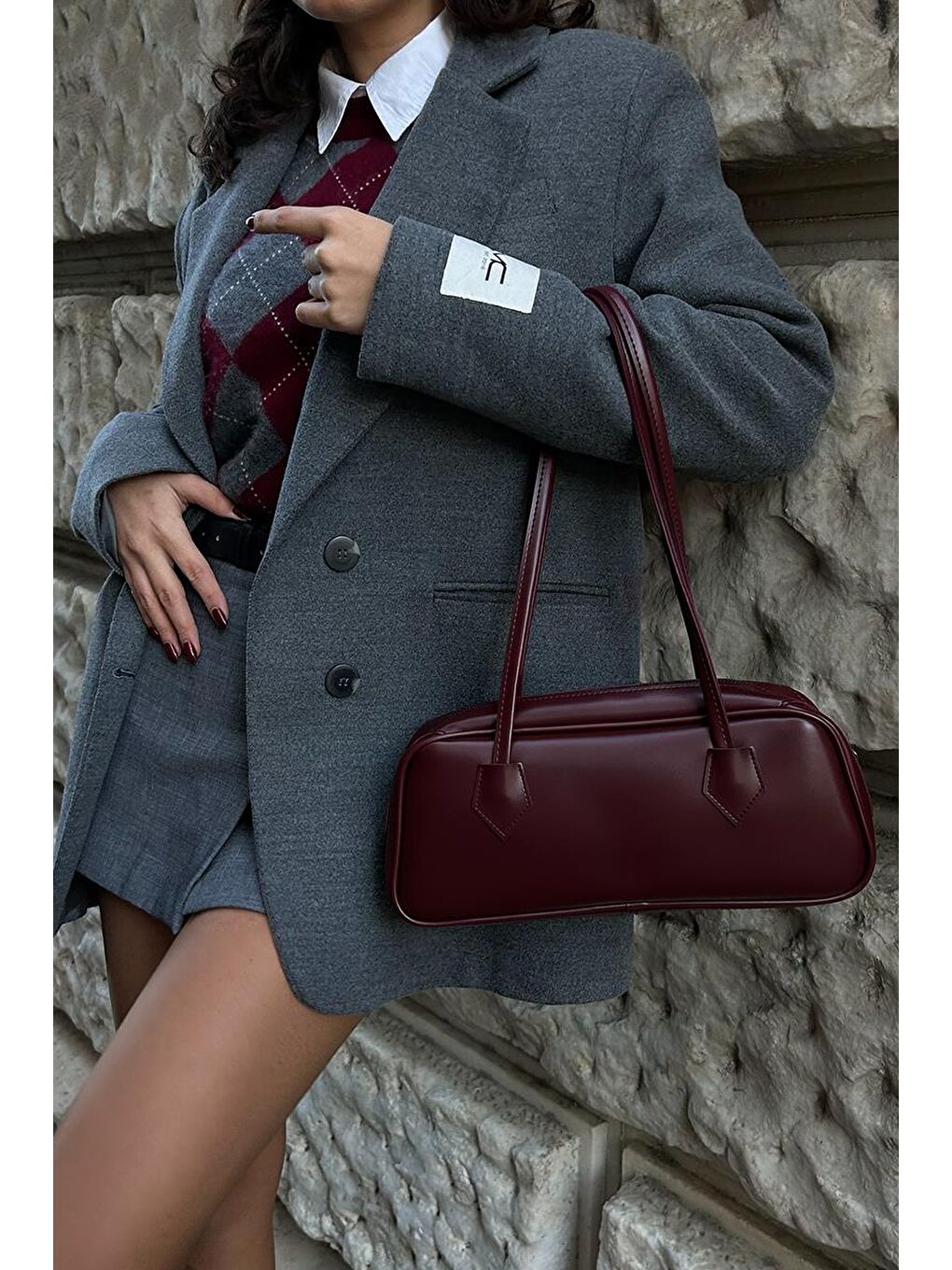 Boheme Vintage Bowling Çanta Bordo-6