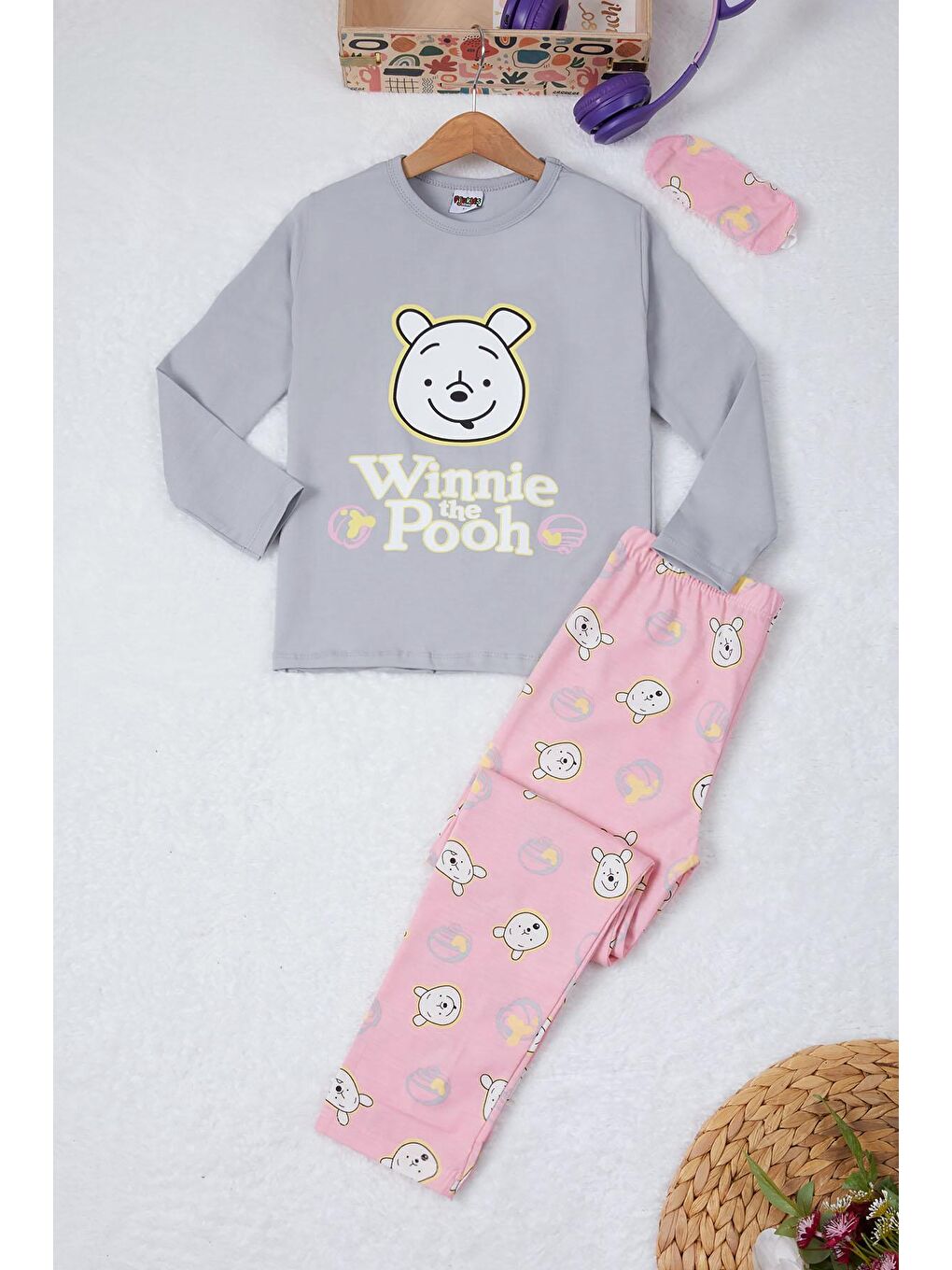 Pijakids Gri Ayıcık Baskılı Yazılı Kız Çocuk Pijama Takımı 16925