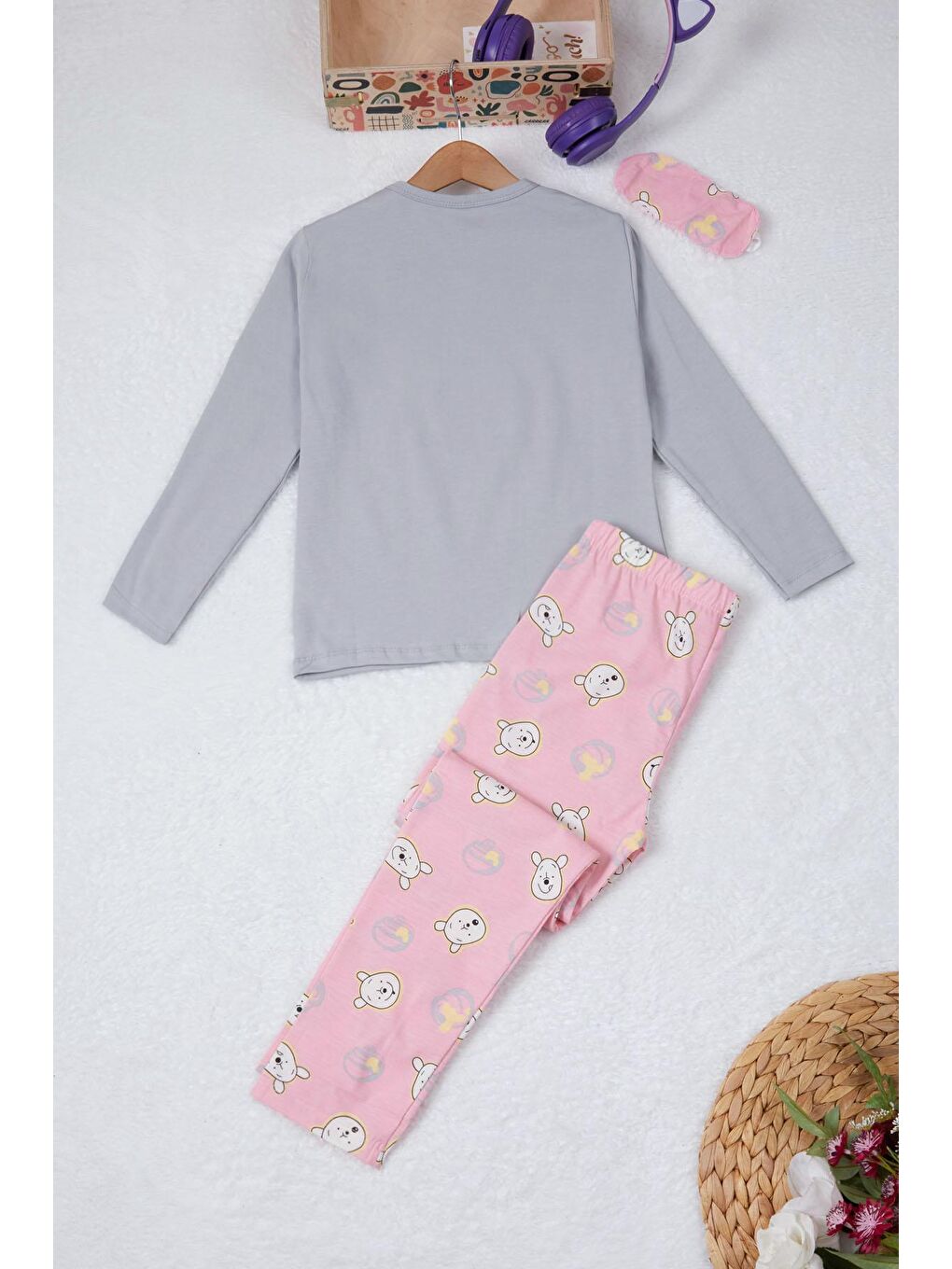 Pijakids Gri Ayıcık Baskılı Yazılı Kız Çocuk Pijama Takımı 16925 - 4