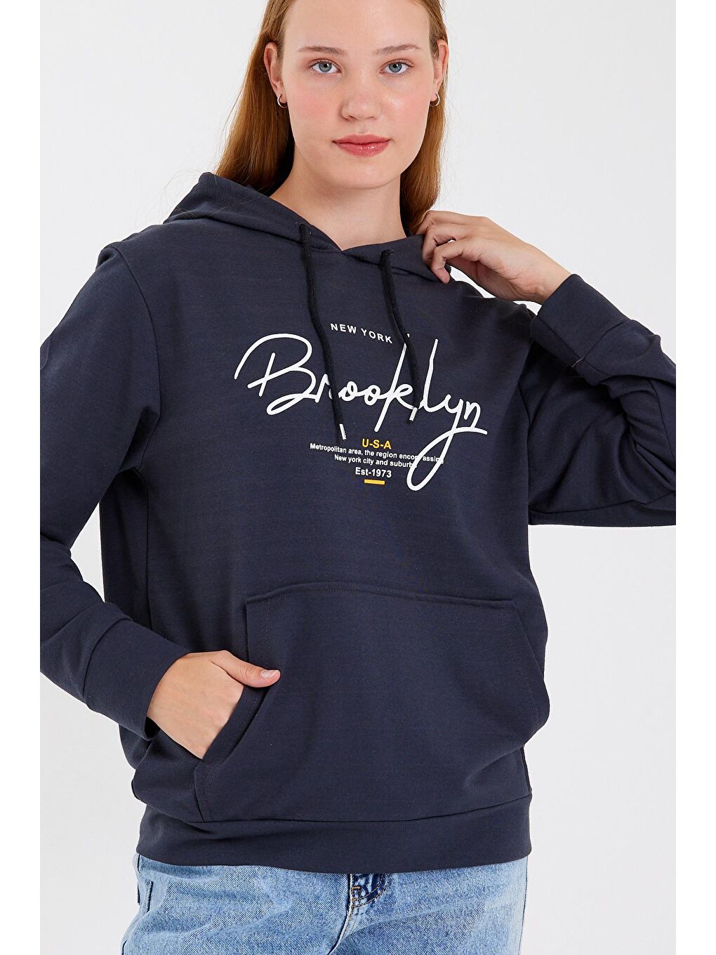 Süperlife Açık Gri Kadın Kapüşonlu Oversize Fit El Yazılı Brooklyn Baskılı İnce Sweatshirt SPR23SWk361 - 1