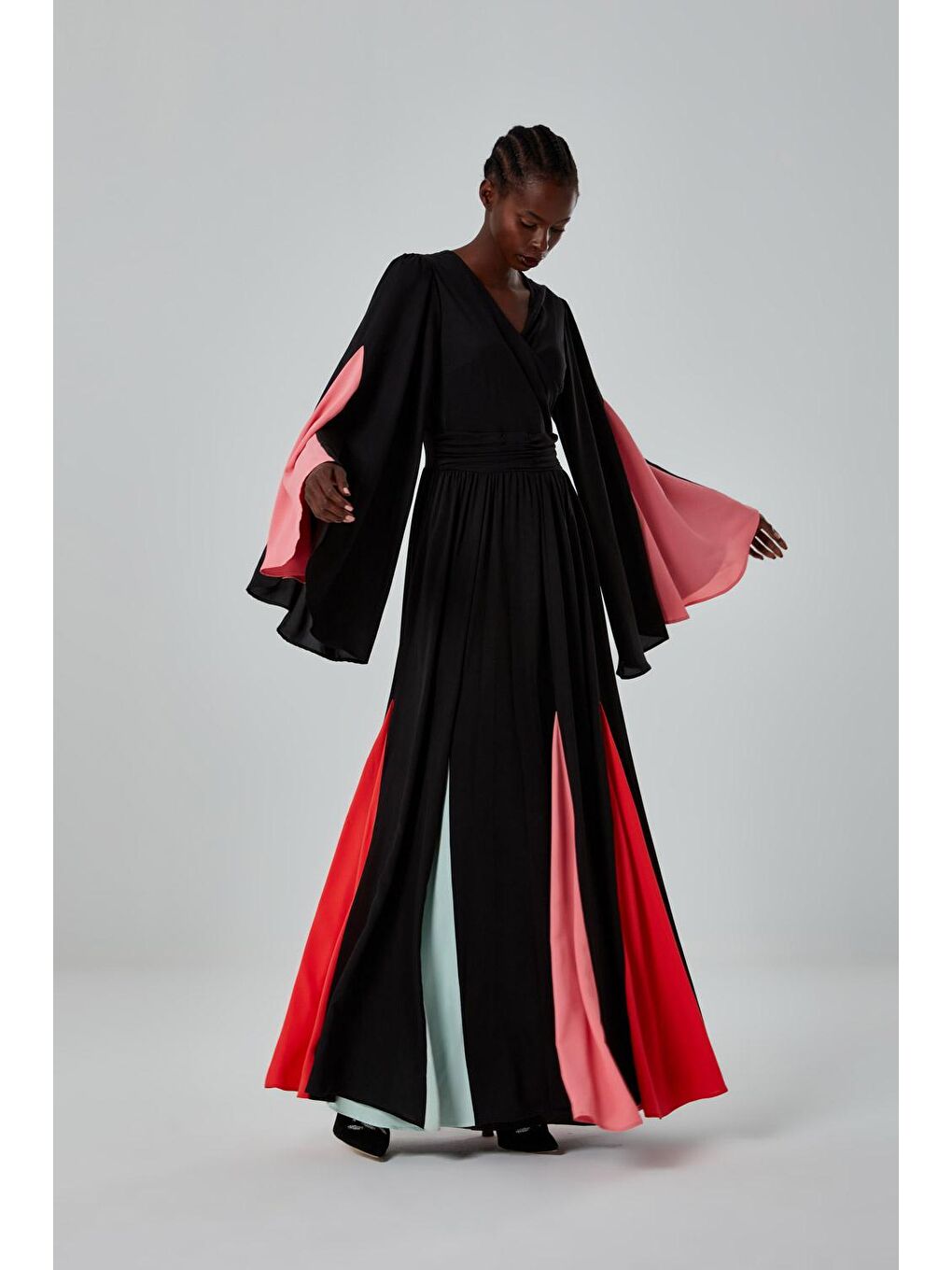 Renk Bloklu Tasarım Siyah Elbise-3