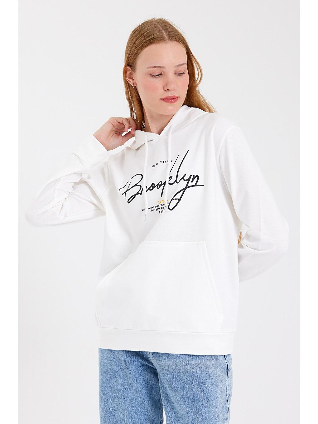 Süperlife Ekru Kadın Kapşonlu Oversize Fit El Yazılı Brooklyn Baskılı Sweatshirt SPR23SW361 - 3