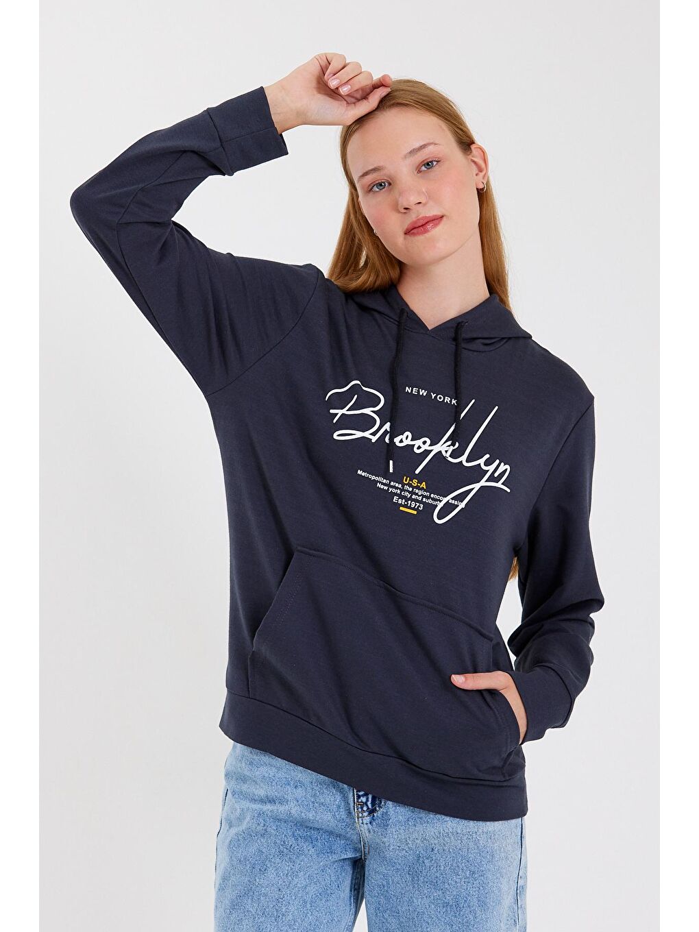 Süperlife Açık Gri Kadın Kapüşonlu Oversize Fit El Yazılı Brooklyn Baskılı İnce Sweatshirt SPR23SWk361 - 4