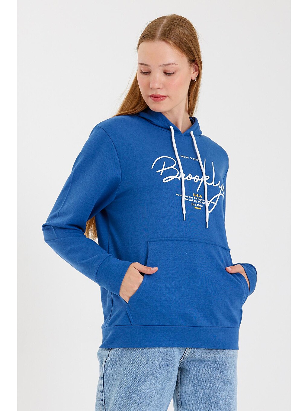 Mavi Kadın Kapüşonlu Oversize Fit El Yazılı Brooklyn Baskılı İnce Sweatshirt Spr23swk361-3