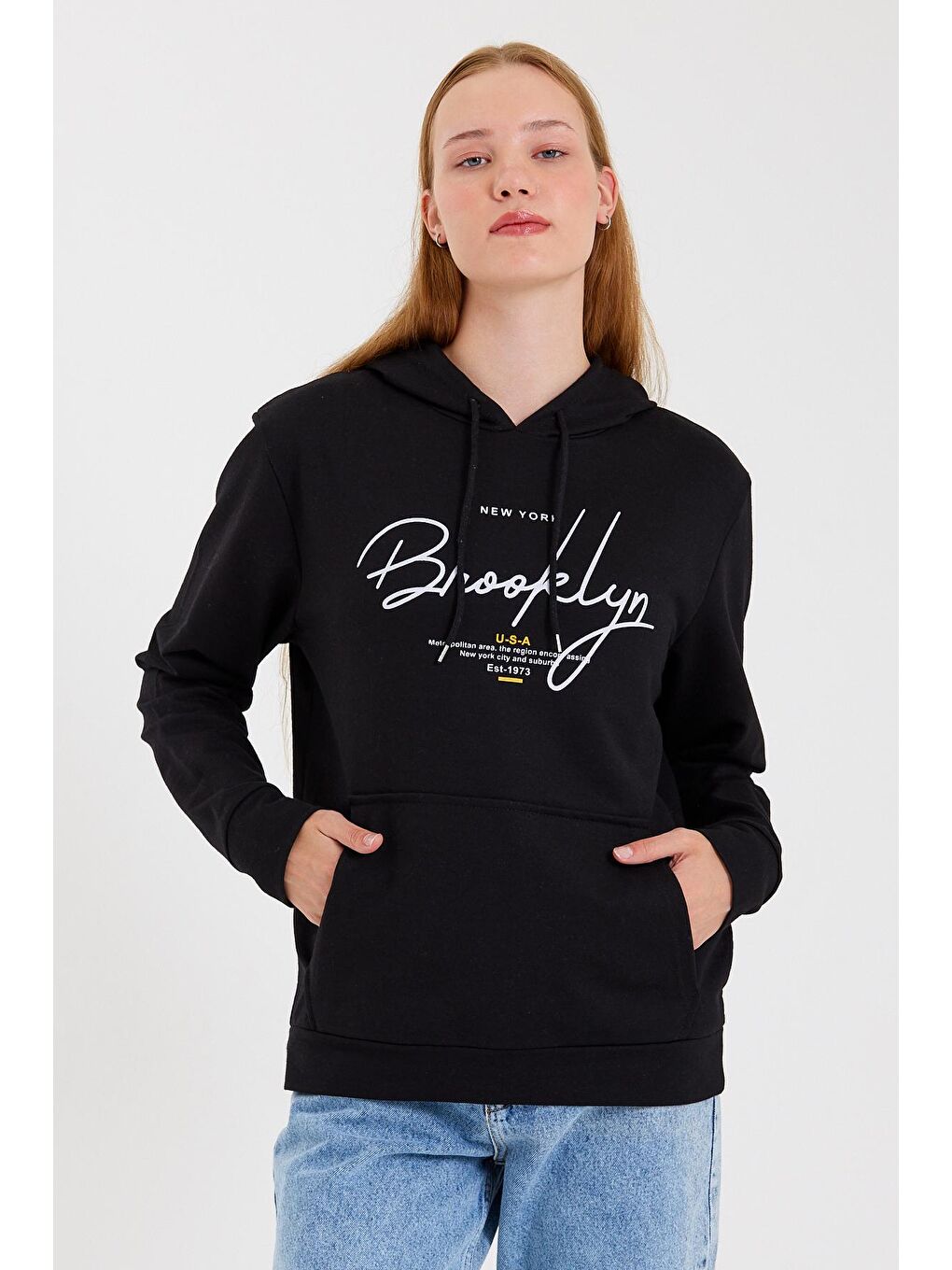 Süperlife Siyah Kadın Kapüşonlu Oversize Fit El Yazılı Brooklyn Baskılı İnce Sweatshirt SPR23SWk361 - 4