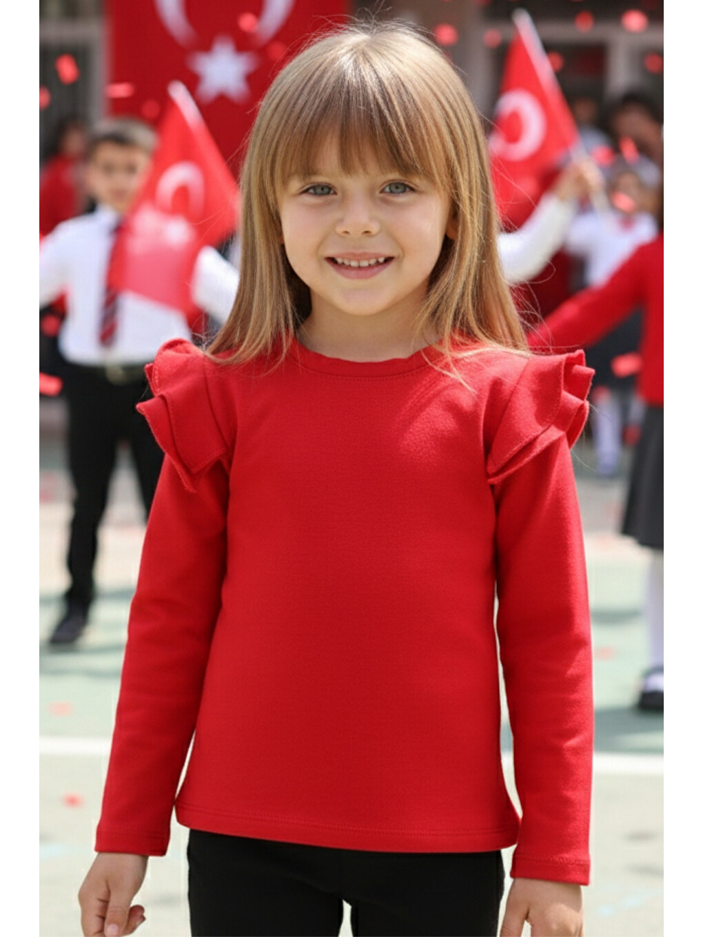 Kırmızı Kız Çocuk Omuz Fırfırlı Body Bluz