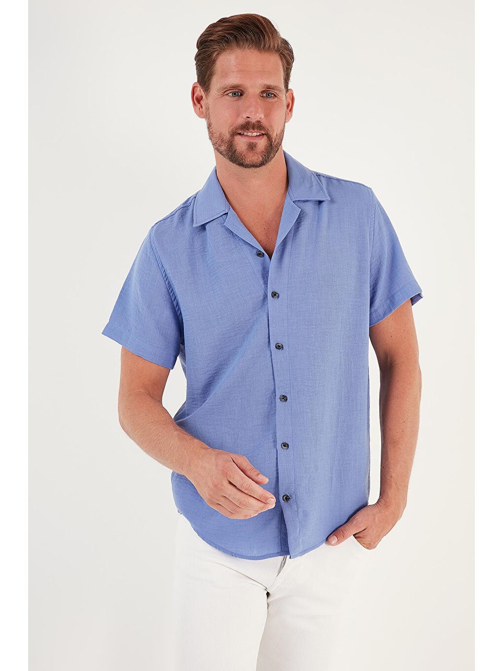 Mavi Keten Görünümlü Kısa Kollu Apaş Yaka Regular Fit Gömlek CF23S116775-2