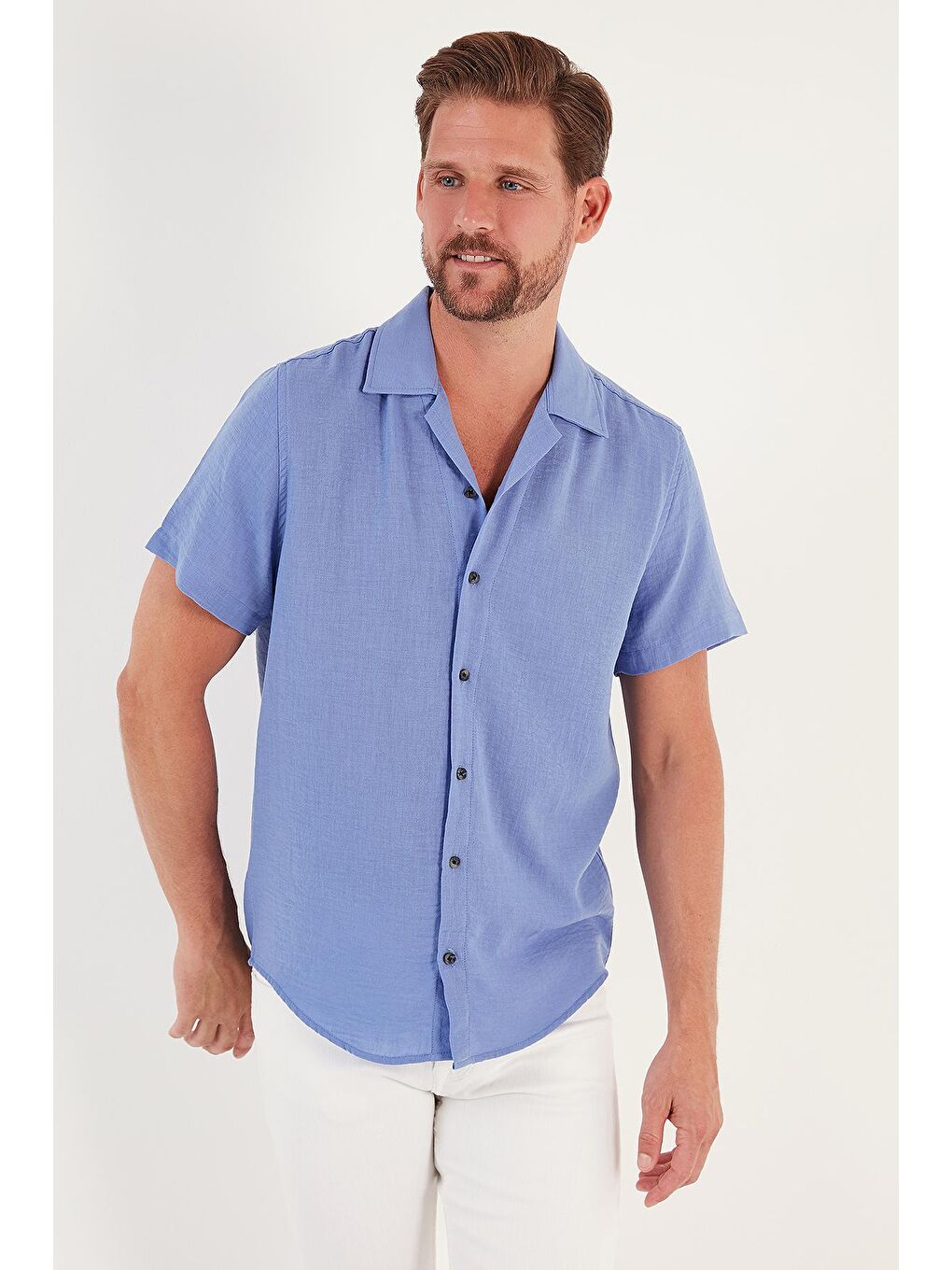 Mavi Keten Görünümlü Kısa Kollu Apaş Yaka Regular Fit Gömlek CF23S116775-3