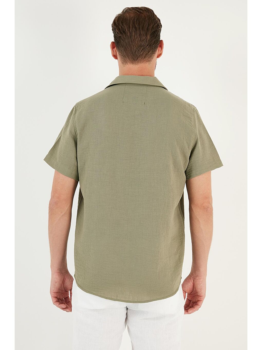 Haki Keten Görünümlü Kısa Kollu Apaş Yaka Regular Fit Gömlek CF23S116775-4