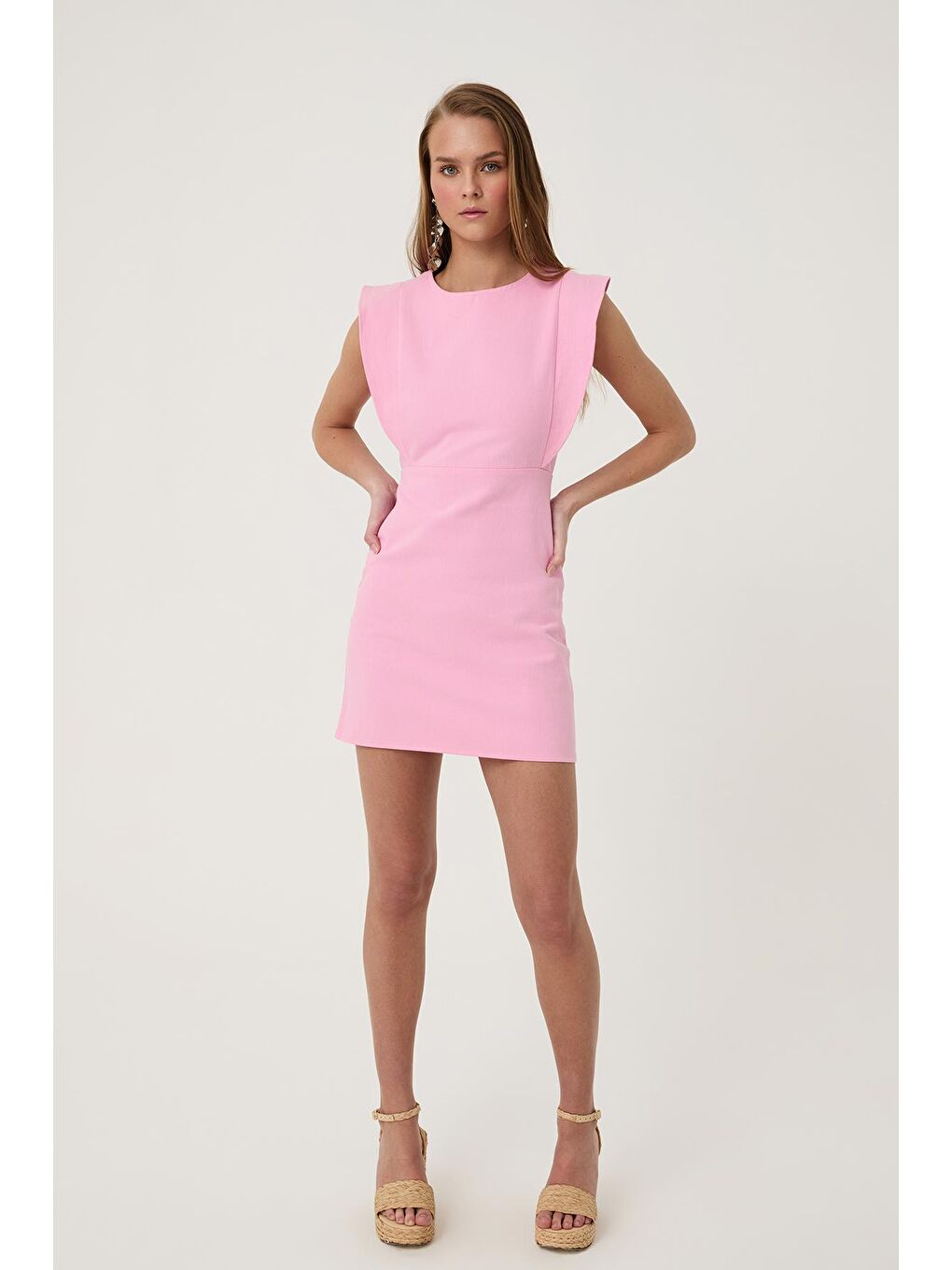 Volanlı Gabardin Elbise Pembe-2