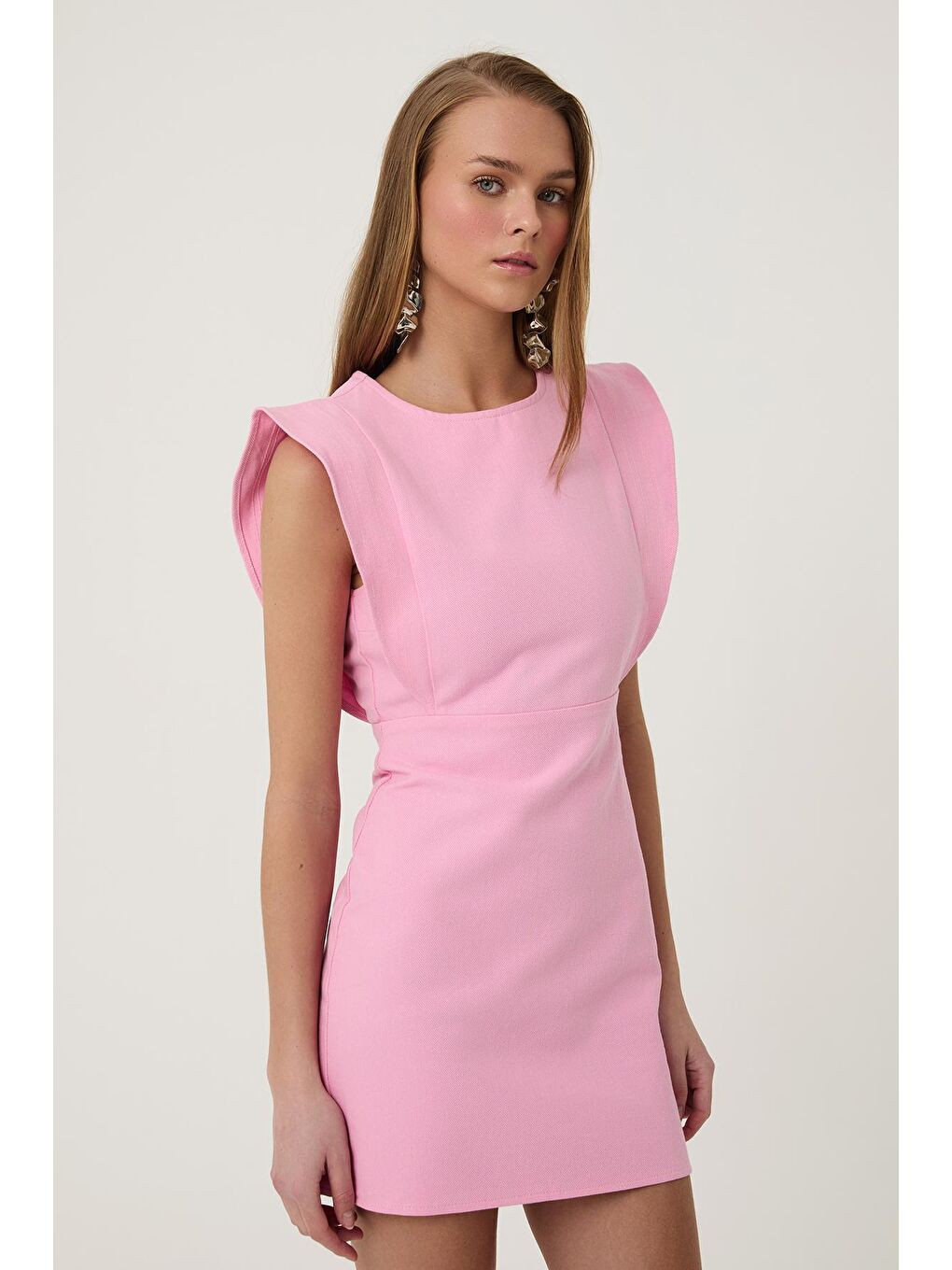 Volanlı Gabardin Elbise Pembe-3