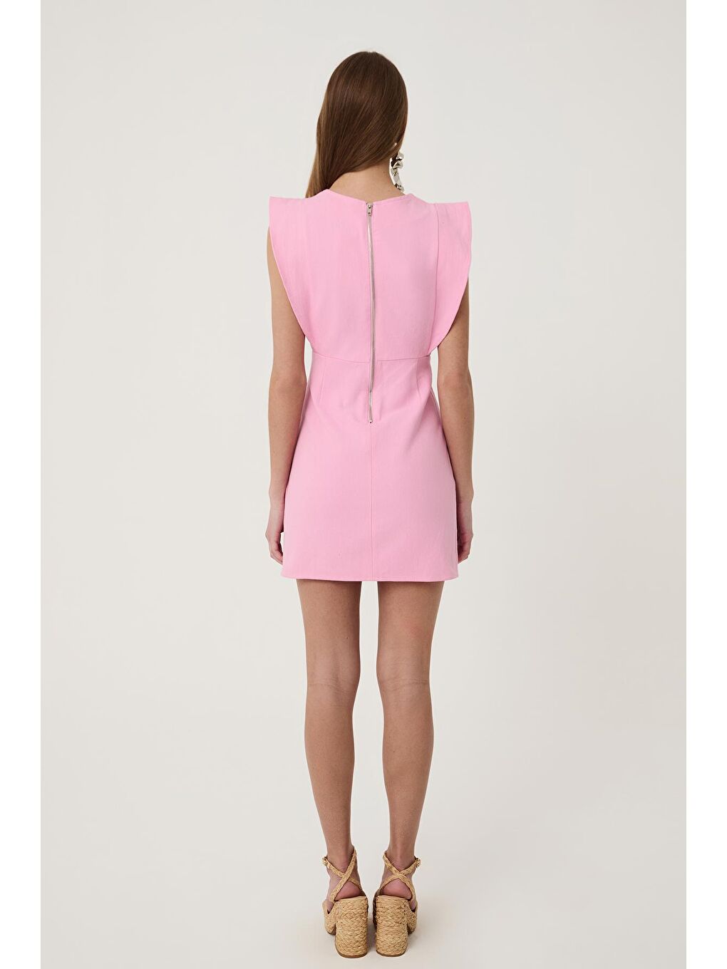 Volanlı Gabardin Elbise Pembe-4