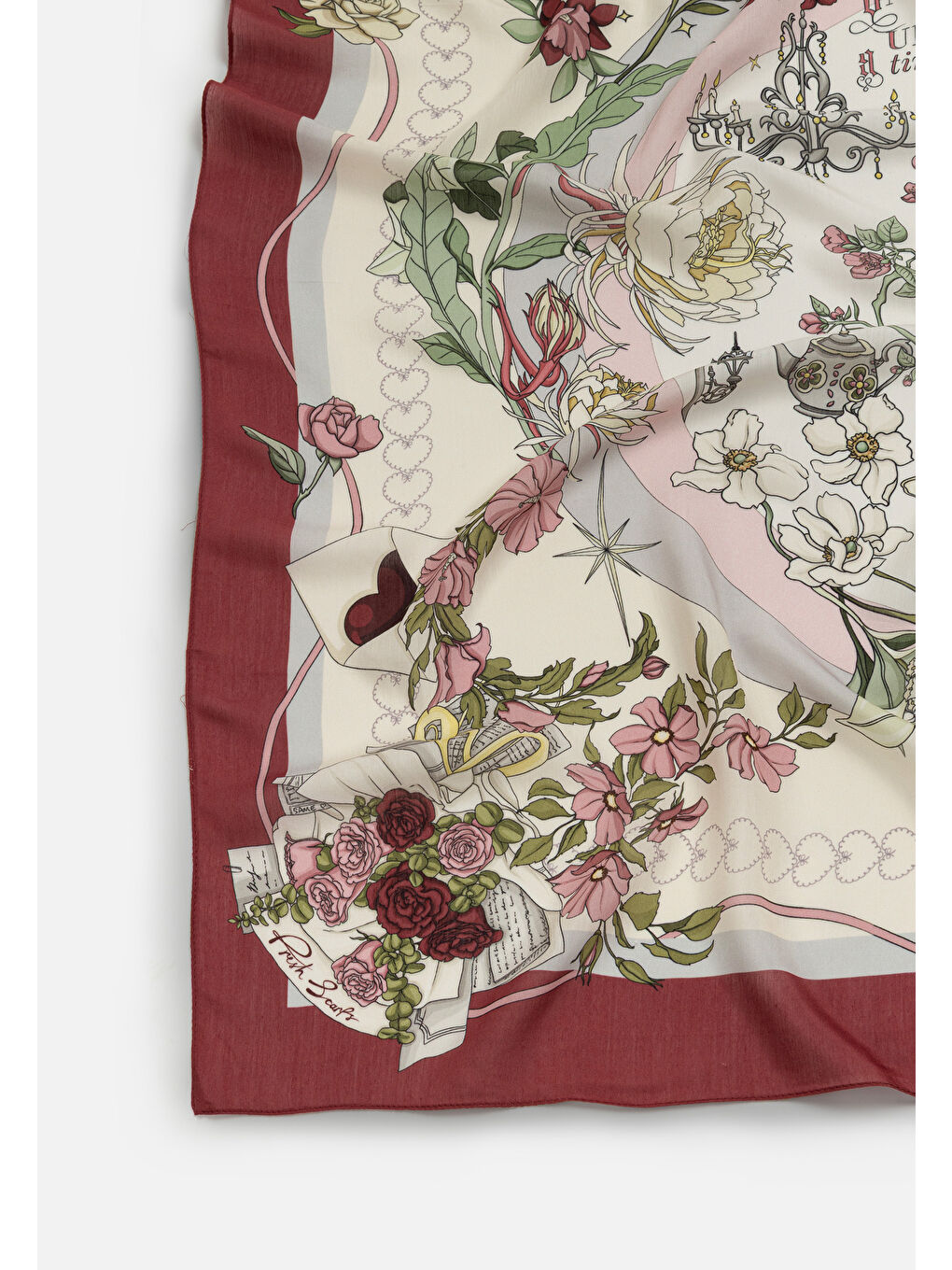 Bordo Vintage Rose Once Upon A Love Desen Floş Viskon Eşarp-2