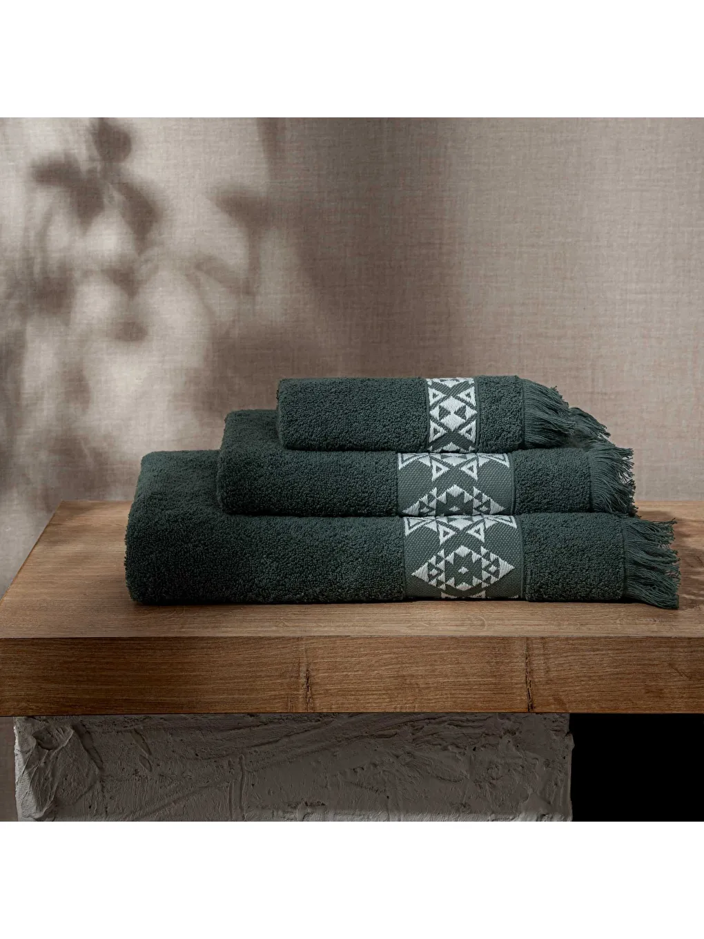 3'lü Havlu Seti %100 Pamuk Jakarlı Krem Bordürlü Yeşil-1