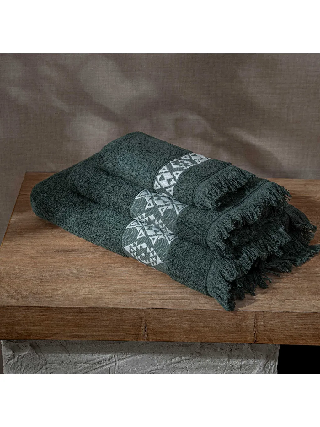 3'lü Havlu Seti %100 Pamuk Jakarlı Krem Bordürlü Yeşil-3