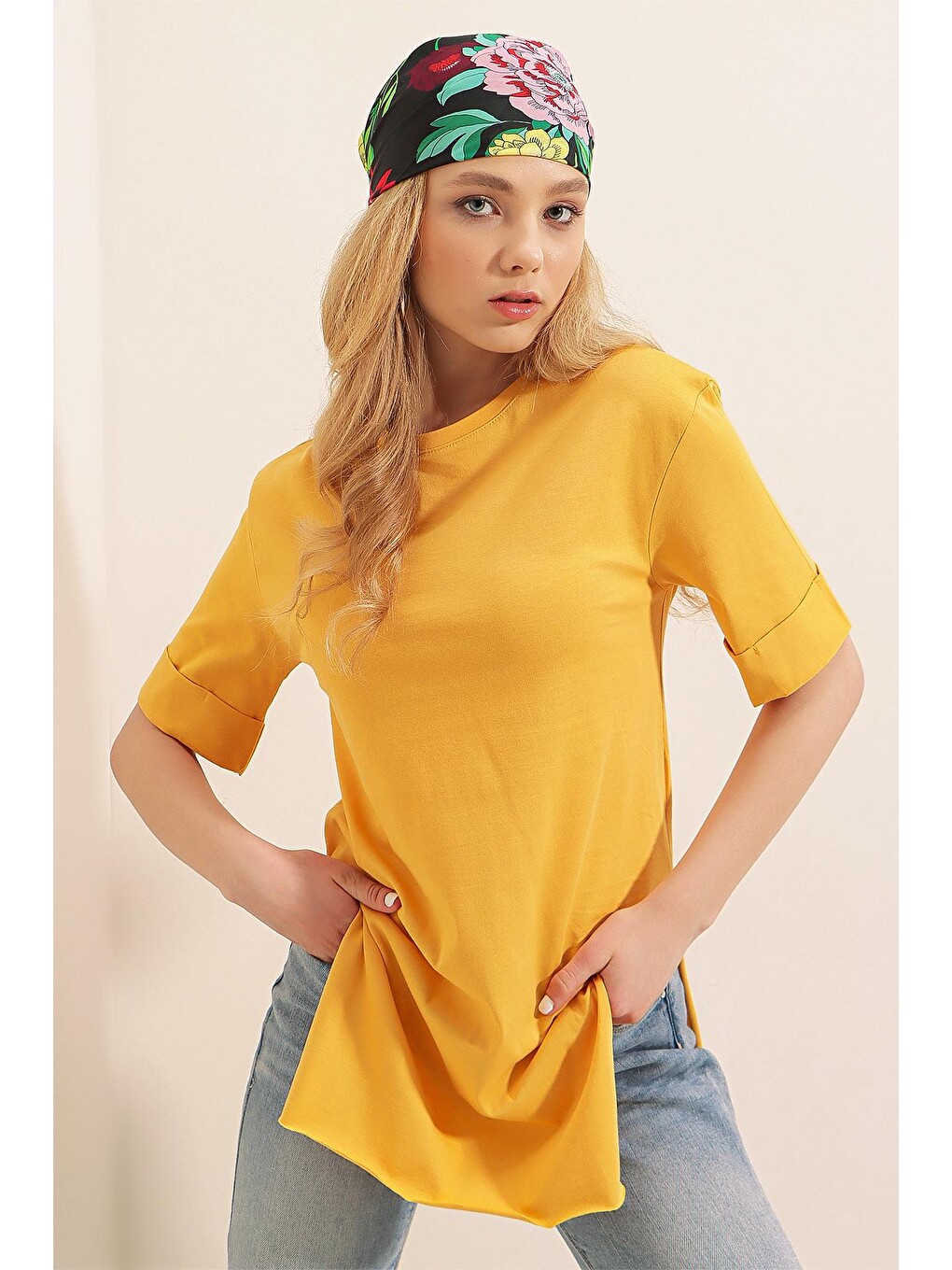 Sarı 4123 Yırtmaçlı Oversize Tişört - Hardal